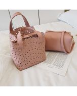 2 PCS Women Hollow Out PU Leather Bucket Bag Solid Crossbody Bag