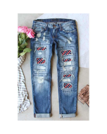Sky Blue American Flag Pattern Splicing Slim-fit Distressed Jeans