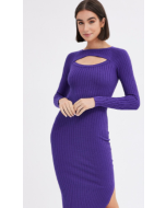 Purple Midi Dress Long Sleeve Round Neck Keyhole Rib Knit