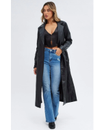 Long-Sleeved Faux Leather Black Trench Coat