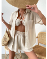 VCAY Drop Shoulder Shirt, Tie Backless Halter Top, and Shorts
