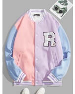 Colorblock Letter Patched Varsity Jacket for Men with Striped Trim