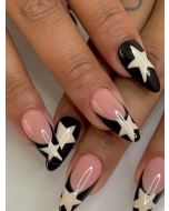 Transform Your Nails with 24pcs Medium Almond Black French Star Pattern Fake Nail & 1sheet Tape & 1pc Nail File