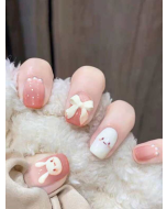 Transform Your Nails with 24pcs Short Square Cartoon Pink Gradient Flower Rabbit Pattern 3D Bow Decor Fake Nail & 1pc Nail File & 1sheet Tape