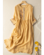 Cotton and linen ethnic style embroidered dress