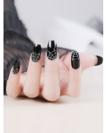 Halloween Themed 28pcs short coffin nails with black and white cobweb design UV /glossy finish , reusable full cover nails in 10 Sizes - Nail Kit with adhesive tabs fake nails for women and girls