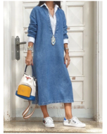 Casual Lapel Collar Fake Two Pieces Long Sleeve Denim Dress