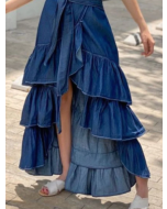 UR Fashion Plain Knot Waist Flounce Layered Hem Denim Skirt