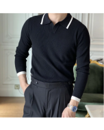 Simple Lapel Contrast Knit Polo Shirt