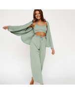 Autumn Europe and the United States new pajamas undershirt three-piece set of ice-silk pit strip outside the pants robe fashion ladies home wear