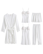 Pajamas female spring and fall ice silk long-sleeved halter nightgown five-piece set with chest pad sexy lace lace homewear winter