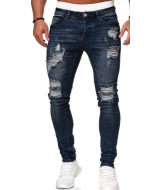 New style cross-border trade distressed black slim-fit men's jeans, trendy ripped, small-foot denim trousers for men.