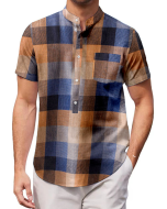 Casual Plaid Short Sleeve Shirt in Men's Cotton Linen