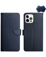For iPhone 15 Pro Max HT02 Genuine Leather Anti-fingerprint Left/Right Opening Phone Leather Case (Blue)