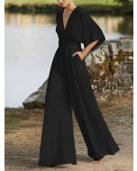 Solid color V-neck Jumpsuit with Wide Leg and Half Sleeves