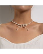 Fashion trend full of pearl fringe temperament necklace set with diamond bow super fairy clavicle chain