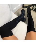 Thigh High Stretch Knit Boots Autumn and winter thick bottom round scalp knit patchwork over knee boots