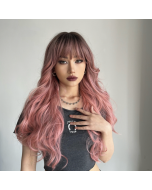 Gradient pink long curly hair synthetic wig headband