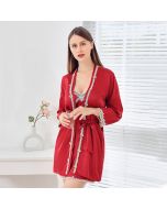 Imitation silk pajamas women's spring and summer new ice silk sexy suspender nightgown two-piece European and American cross-border lace home service