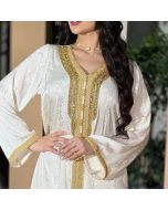 Middle Eastern New Women's Dress Embellished with Rhinestone Lace Long Robe Muslim White Satin Floral Dress.