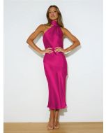 Amazon 2023 Summer Women's Fashion Satin Design Slit Dress Sexy Backless French Evening Dress