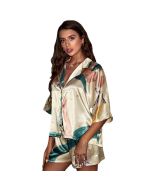 Ice silk pajamas female European and American style fashion casual short-sleeved shorts two-piece thin suit loose cardigan home service