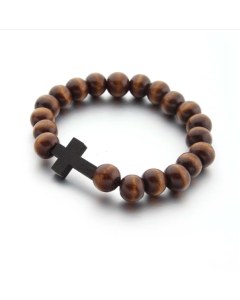 Handmade Round Wood Bead Cross Pendant Bracelet