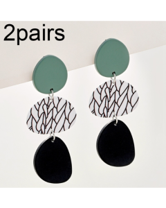 2pairs Contrasting Color Acrylic Geometric Round Stitching Long Ladies Earrings