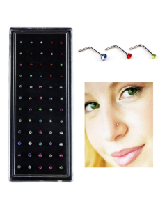 60 PCS Color Mixed Diamond Shape Stainless Steel Nose Stud Rings L Shaped Piercing Jewelry,Pin Length: 7mm, pin diameter: 0.6mm