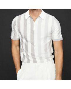 Mens Casual Stitching Striped Printed Polo Shirt