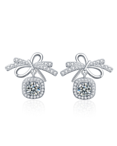 925 Silver Bow Earrings Simple Silver Needle Earrings(50 Points Mosan Diamond White Gold)