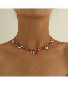 Fashion colorful rice beads flower pendant necklace