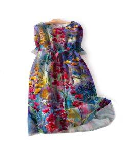 Fashionable and elegant oil painting floral print dress