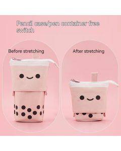 Korean creative cute milk tea drop-down pen bag can stand retractable round cute cartoon pen holder storage