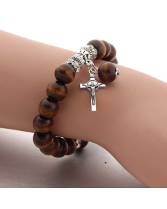 Couple Wooden Beads Elastic Cord Bracelet Alloy Cross Beads