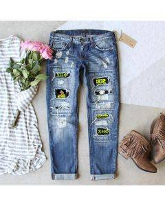 Fashion Retro Ripped Print Jeans