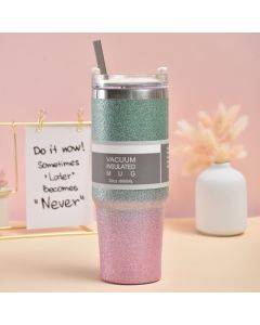 30oz Glitter Insulation Coffee Cup Double Layer Ice Cup Stainless Steel Car Cup With Straw(Green Purple)