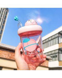 MTUTU Fruit Landscape Rotary Cup Straw Cup Fun Children Water Cup, Capacity: 390ml(Peach Pink)