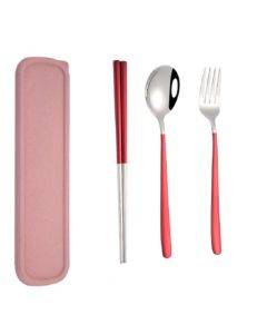 3pcs / Set Portable Stainless Steel Tableware Creative Set Chopsticks Spoon Fork Gift, Color:Red