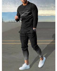 Black Gradient Lines Print Long Sleeve T-Shirt And Pants