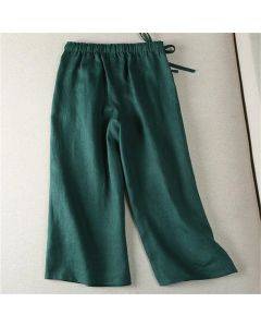 Draped casual linen solid color wide leg nine-quarter pants
