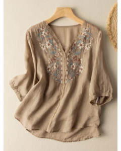 Embroidered V Neck 3/4 Sleeve Casual Linen Top