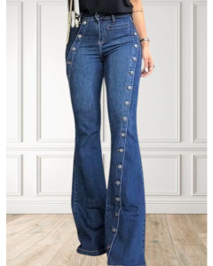 Fashion Plain Button Decor Flare Leg Long Denim Pants