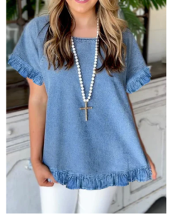 UR Casual Plain Crew Neck Short Sleeve Ruffle Hem Shirt