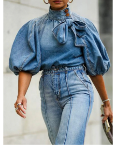 Fashion Plain Stand Collar Puff Sleeve Bow Decor Blouse