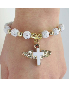 Gold Stamped Acrylic Angel Cross Bead Bracelet