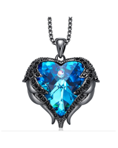 Women's Fashion Angel Wings Crystal Heart Necklace (Black Gold Blue)