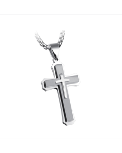 1213 Three-layer cross necklace, titanium steel men's necklace, color: natural pendant + 3x55cm pearl chain