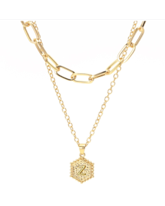 26-letter double-layered necklace, hexagonal letter pendant, layered clavicle chain, style: Z