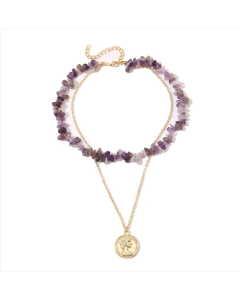 Bohemian colored crushed natural stone necklace, model: N2107-5 purple stone double layer